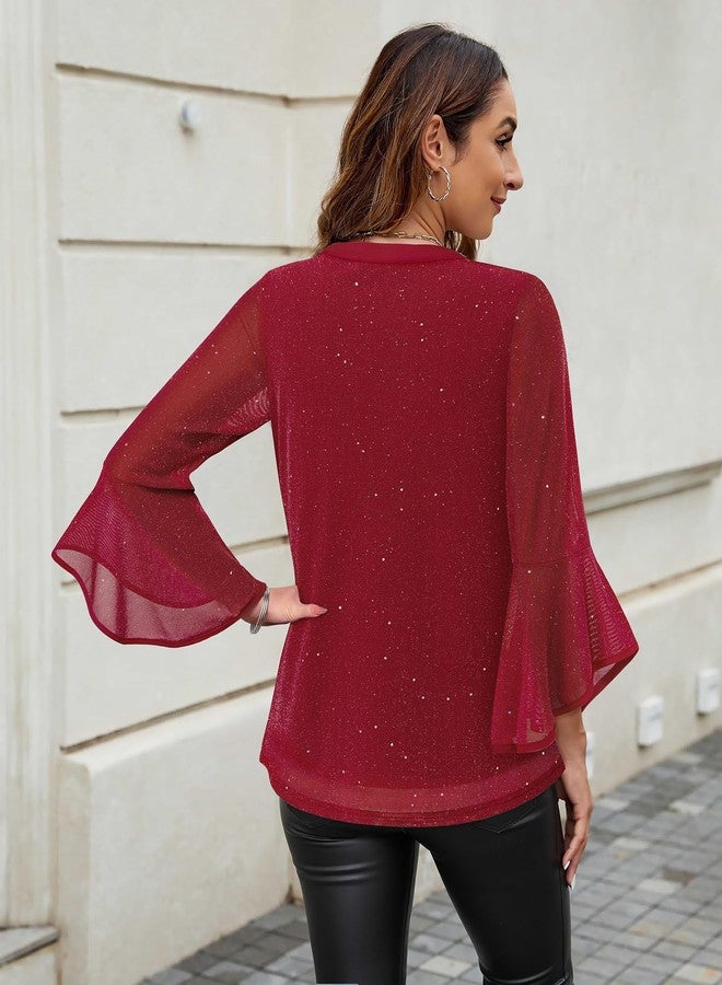 VALOLIA Dressy Tops For Women Night Out, Womens Fancy Blouses And Tops Dressy Casual Long Sleeve Evening Blouses For Women Elegant Classy Vintage Festival Tunic Shirts Sparkly Red X-Large - Image 3